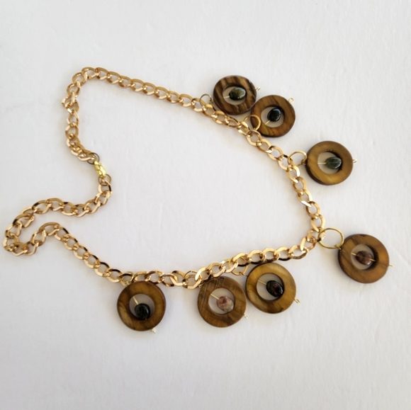 Hand Crafted Necklace Shells Stones Brown Green Chain Charm - Picture 4 of 7